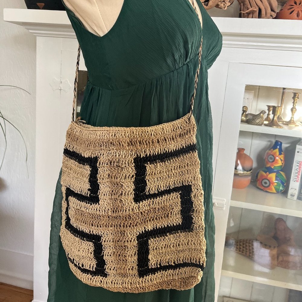 Ralph Lauren Natural Straw Crossbody Bag with Black Geometric Pattern